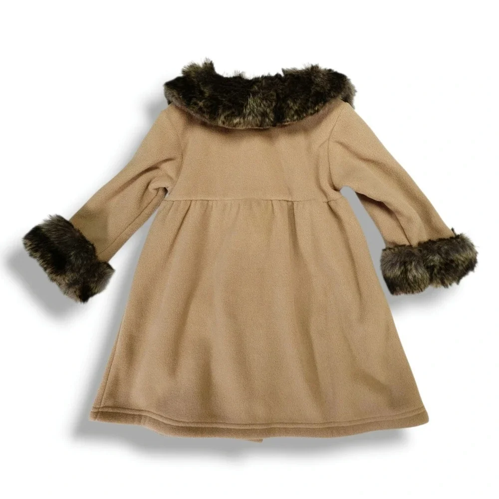 Starting Out Baby Girls‎ Faux Fur Collar Babydoll Dress Coat Camel Tan 24M